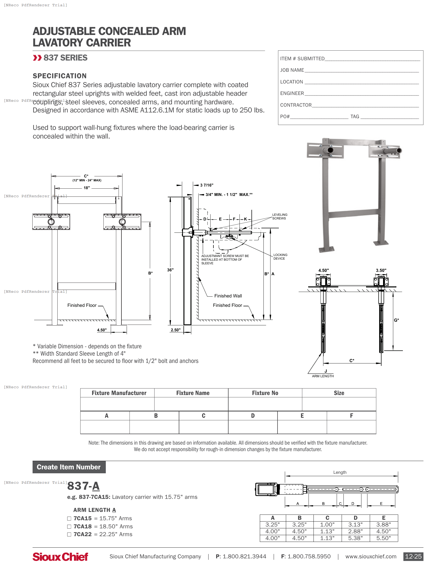 837 SERIES - ADJUSTABLE CONCEALED ARM LAVATORY CARRIER - SPEC SHEET.PDF Specification Document
